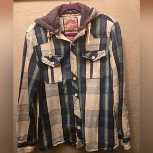 Tokyo Laundry Plaid Flannel Hoodie Jacket | Quilted Lined | Large